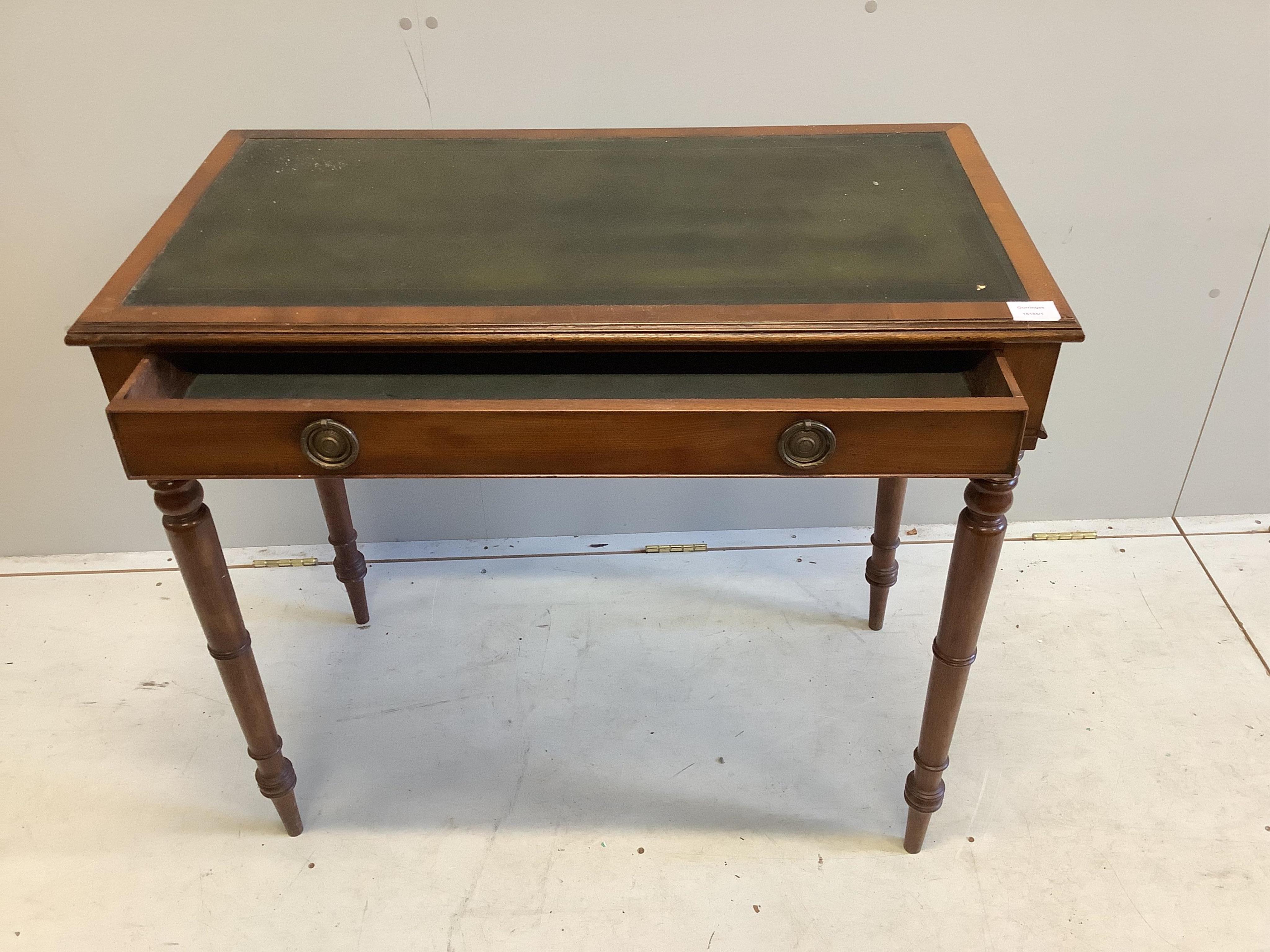 An early Victorian mahogany writing table, width 90cm, depth 48cm, height 81cm. Condition - fair